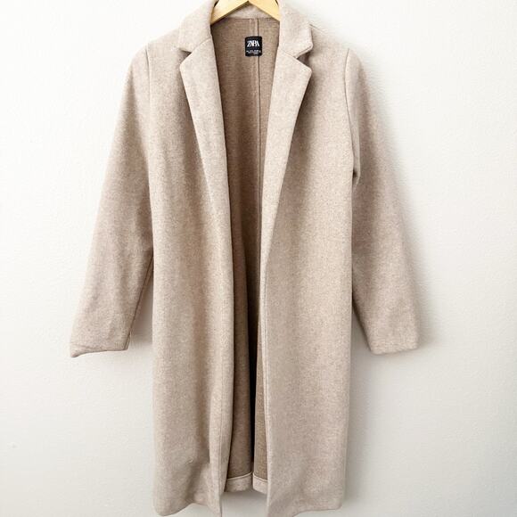 ZARA | Tan Beige Overcoat Open-Front Long Line Jacket Coat Trench Length | Large - Picture 1 of 10
